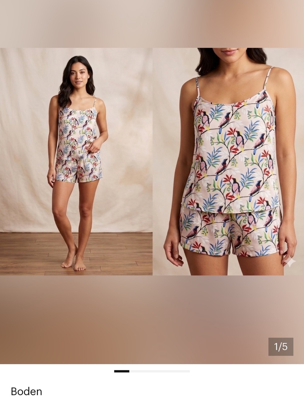 Boden 100% Silk Pastel Pink Floral Bird Print Cami & Short Sleep Set Resort